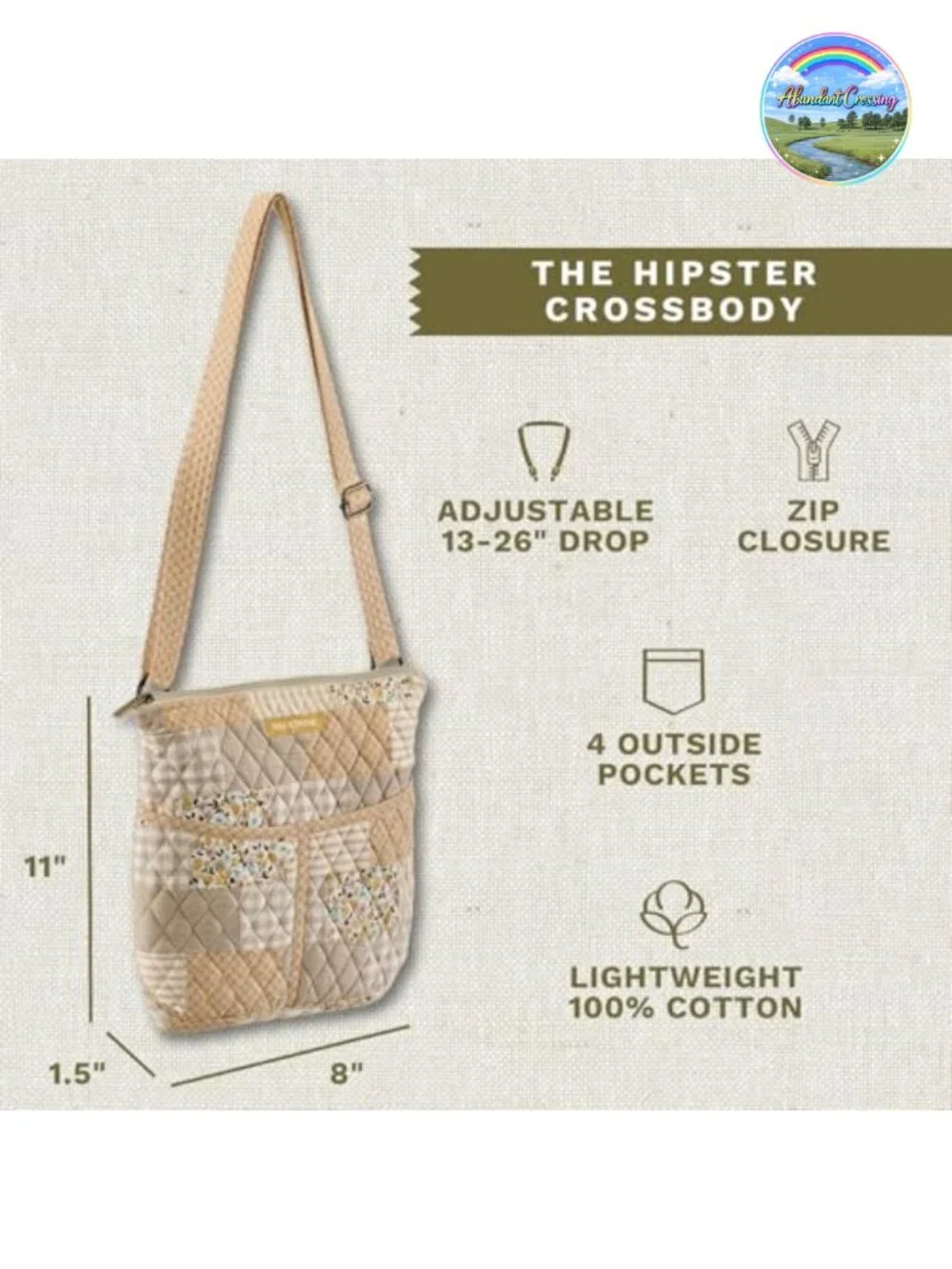 Quilted Cotton Crossbody Handbag for Women, Machine Washable, 6 Pockets,